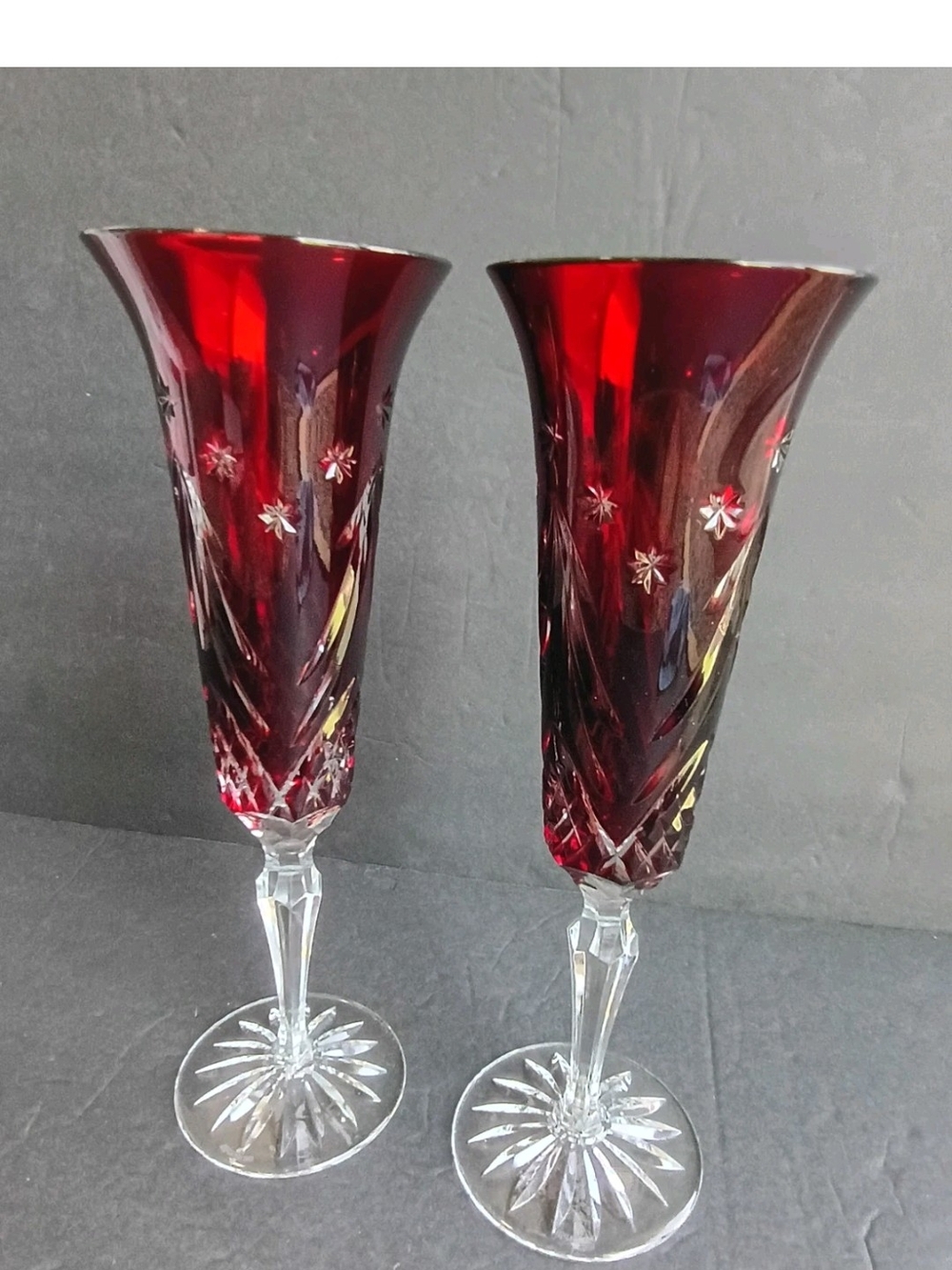 2 Waterford Crystal Snow Flake Crystal Ruby Fluted Champagne Glasses "Pls Read"